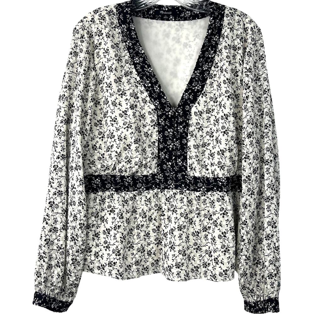Madewell Women's Peplum Blouse Black and White Ditsy Floral Print Airy Size XL